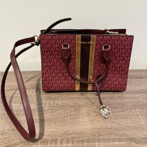 Michael Kors Women's Sheila Medium Signature Logo and Metallic Satchel Oxblood